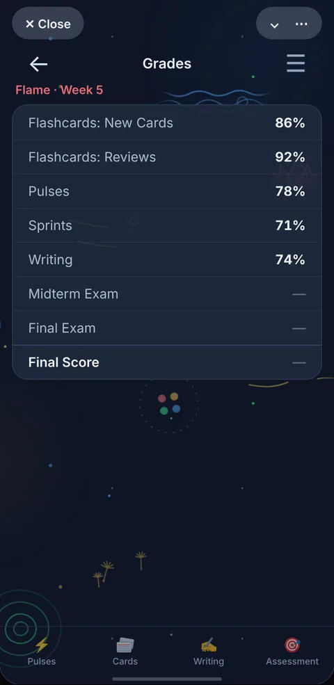 The Grades screen in the app