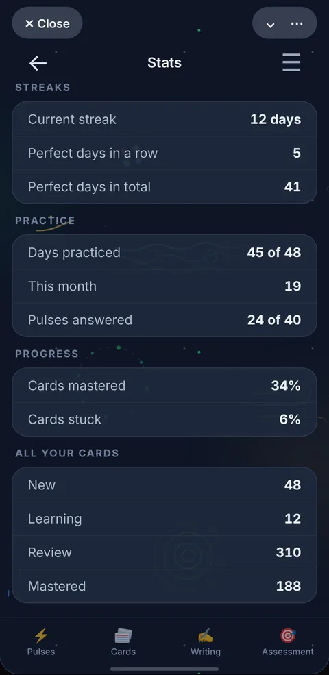 The Stats screen in the app